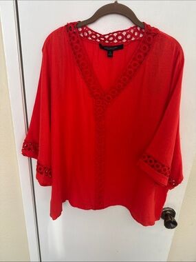 Marc New York Bright Red V-Neck Crochet Trim Tunic